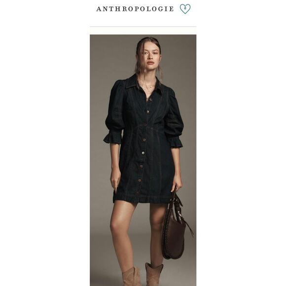 💕Anthropologie Dark Blue Denim Puff Sleeve Dress size 6 - Picture 2 of 6